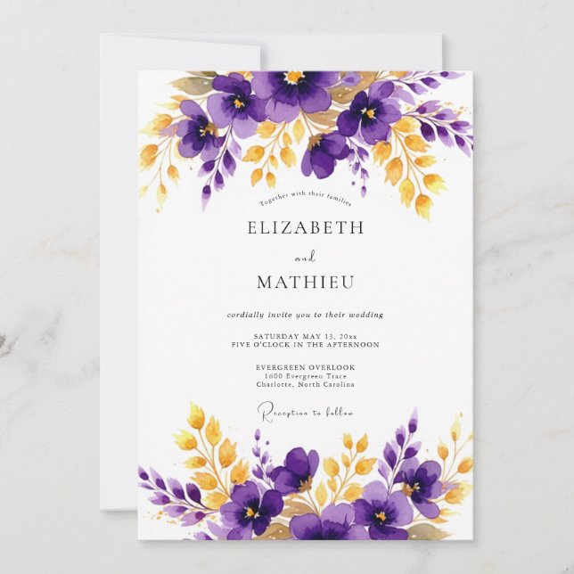 Invitación Purple Gold Polished Floral Wedding (Anverso)