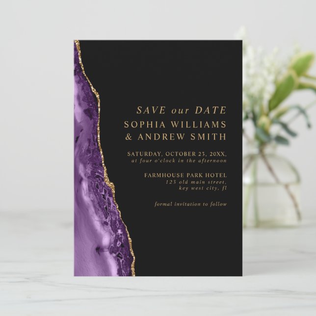 Invitación Purple & Gold Save the Date (Anverso de pie)