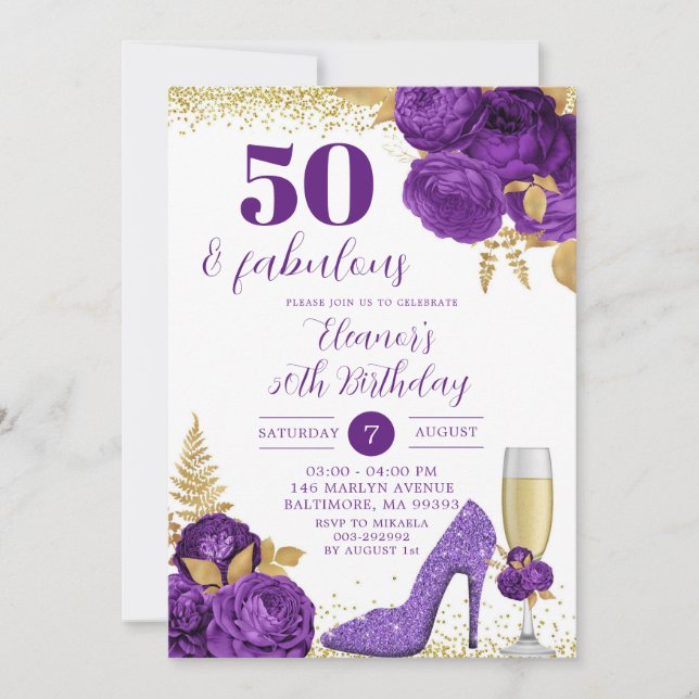 Invitación Purple Gold Stiletto Champagne Adulto Cumpleaños (Anverso)