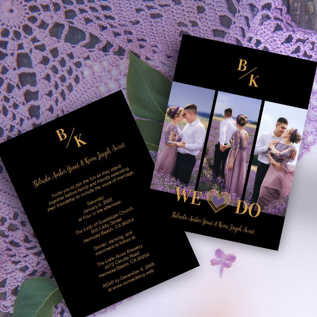 Invitación Purple & Gold Stylish Lace Vertical 3 Multi Photos (Purple & Gold Stylish Lace Vertical 3 Multi Photos Collage for Wedding.)