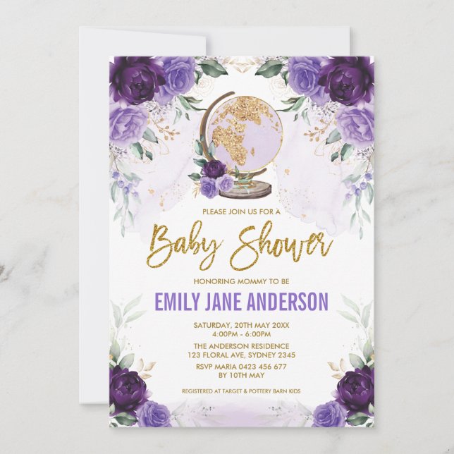 Invitación Purple Gold Travel Baby Shower Floral Adventure (Anverso)