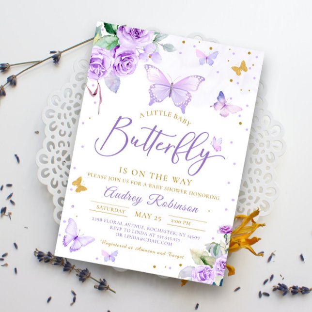 Invitación Purple Gold Un Pequeño Mariposa Floral Baby Shower (Subido por el creador)