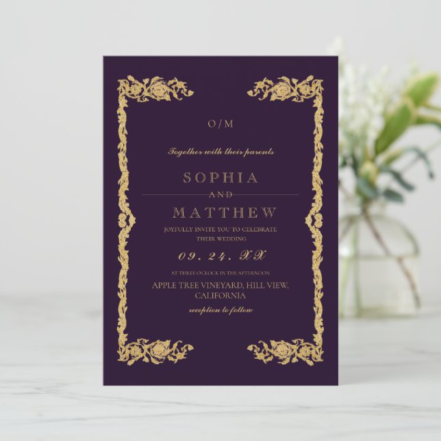 Invitación  Purple Gold Wedding Photo Invitation (Anverso de pie)