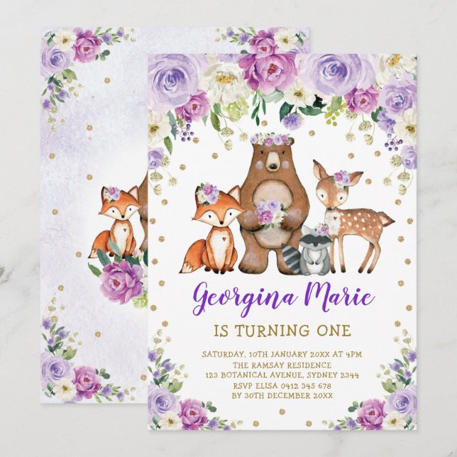 Invitación Purple Gold Woodland Forest Girly Floral Cumpleaño (Anverso / Reverso)