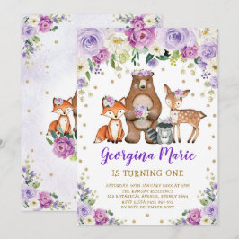 Invitación Purple Gold Woodland Forest Girly Floral Cumpleaño