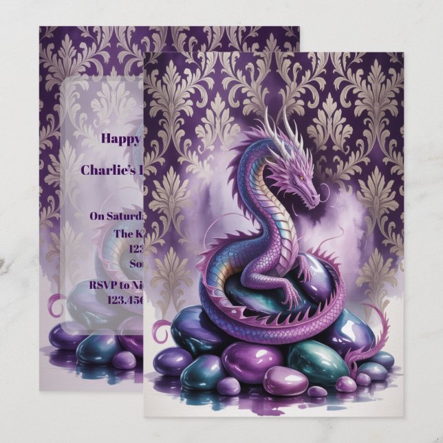 Invitación Purple Gothic Dragon Birthday Party Bash (Anverso / Reverso)
