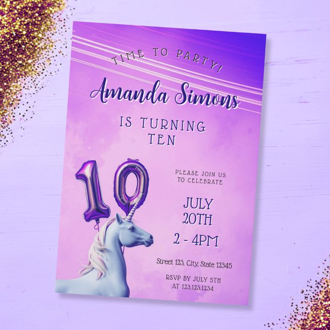 Invitación Purple Gradient Unicorn Balloon Girl 10th Birthday (Subido por el creador)