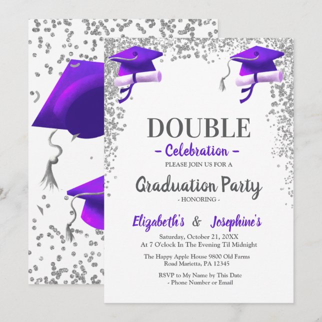 Invitación Purple Gray double Celebration Graduation Party  (Anverso / Reverso)