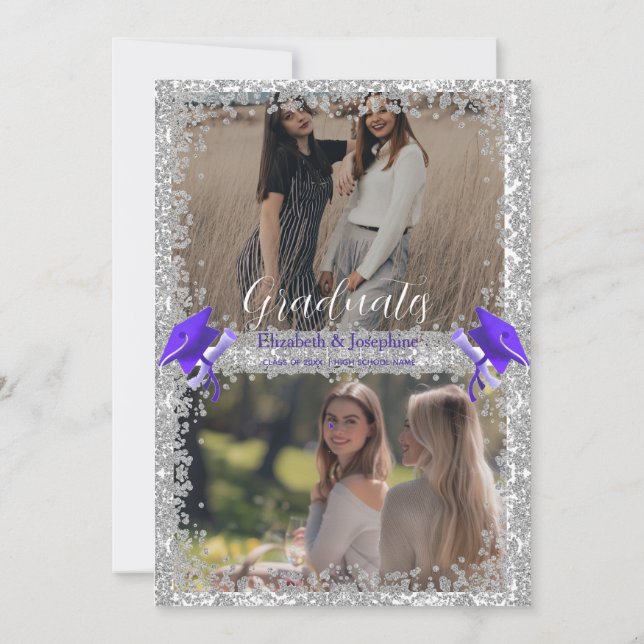 Invitación Purple Gray double Graduation Party 2 photo (Reverso)
