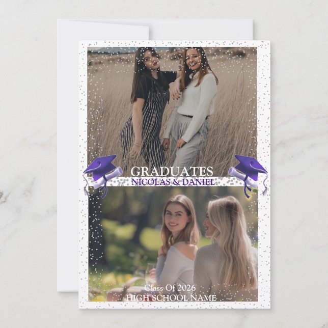 Invitación Purple Gray double Graduation Party 2 photo (Reverso)