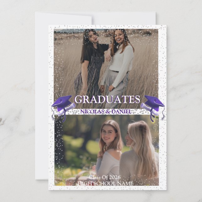 Invitación Purple Gray double Graduation Party 2 photo (Reverso)