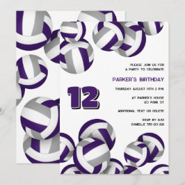 Invitación purple gray team colors volleyball birthday party