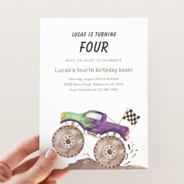 Invitación Purple & Green Monster Truck Birthday Any Age (Subido por el creador)