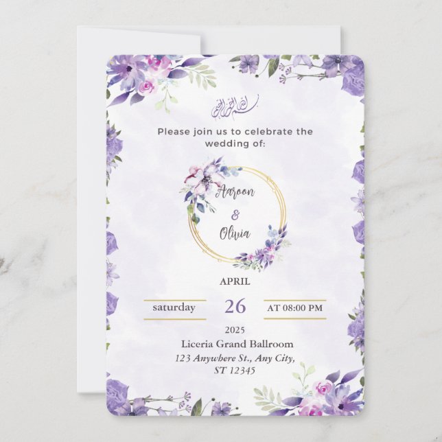 Invitación Purple & Green Watercolor Floral Wedding Invitatio (Anverso)