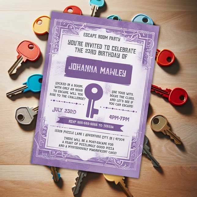 Invitación Purple Grunge Escape Room Key Birday Party (Subido por el creador)