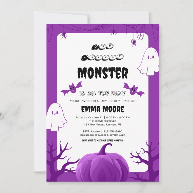 Invitación Purple Halloween Monster Baby Shower Design (Anverso)