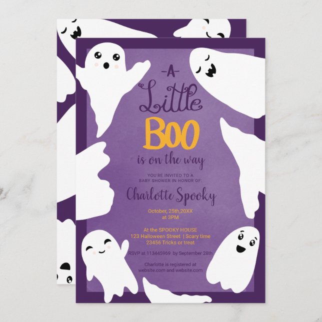 Invitación Purple Halloween pequeños fantasmas de bebé ducha (Anverso / Reverso)