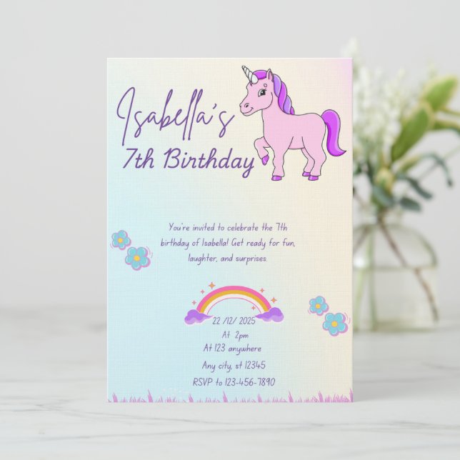 Invitación Purple horse and rainbow theme  (Anverso de pie)