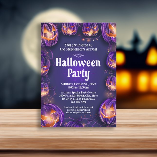 Invitación Purple Jack-O-Lantern enciende la fiesta de Hallow (purple fairy lights halloween invitation)