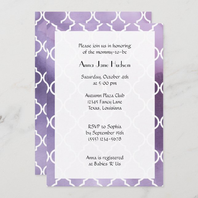 Invitación Purple Latticework, marroquí Trellis, Baby Shower (Anverso / Reverso)