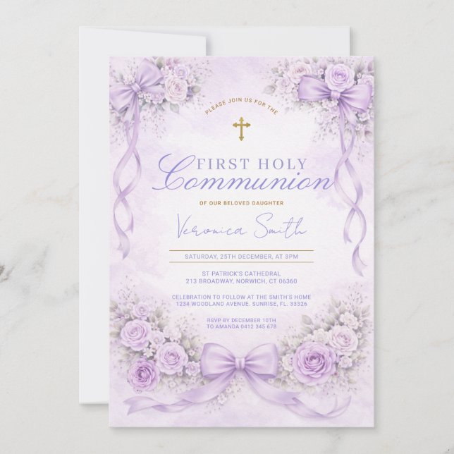 Invitación Purple Lavender Floral Bow First Holy Communion (Anverso)