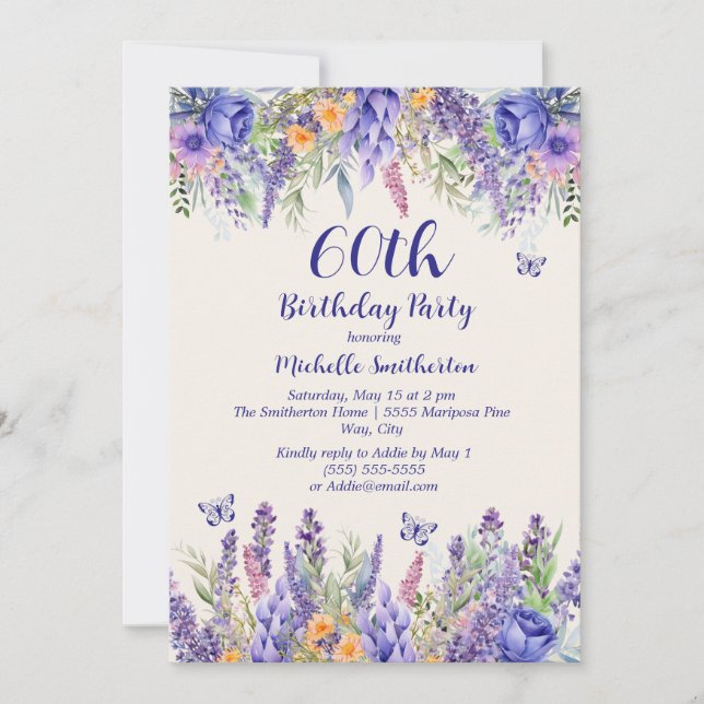 Invitación Purple Lavender Floral Garden Party 60th Birthday (Anverso)