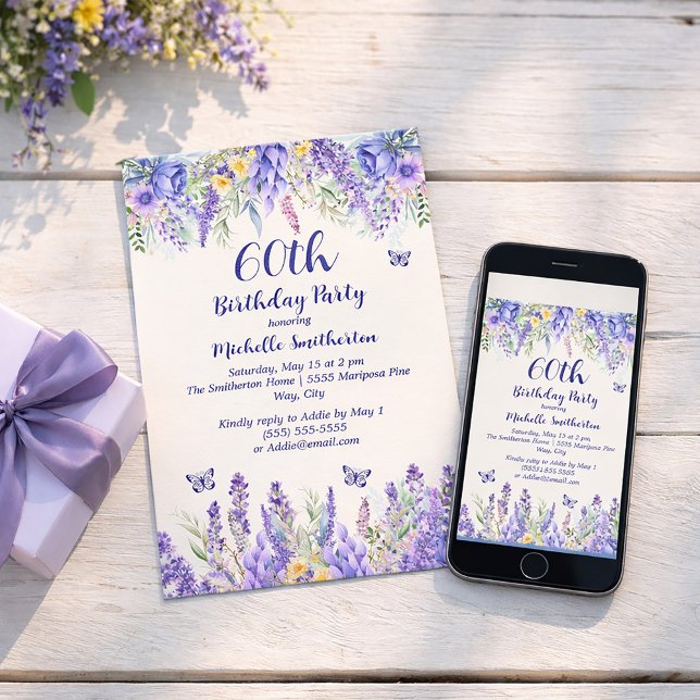 Invitación Purple Lavender Floral Garden Party 60th Birthday (60 years!  Celebrate!)