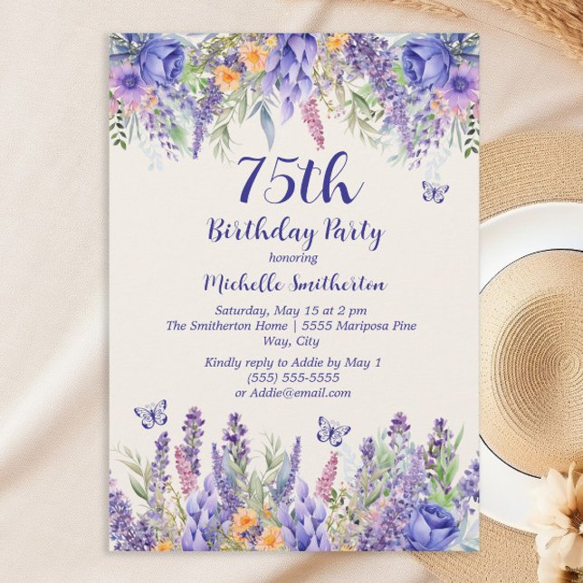 Invitación Purple Lavender Floral Garden Party 75th Birthday (Cheers to 75 years!)