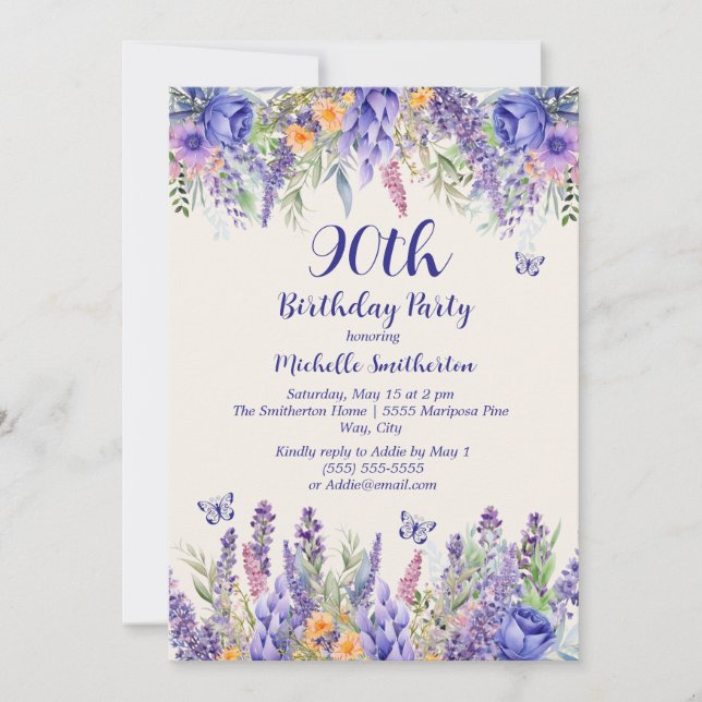 Invitación Purple Lavender Floral Garden Party 90th Birthday (Anverso)