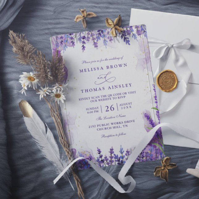 Invitación Purple Lavender Floral Modern QR Code Wedding (Subido por el creador)