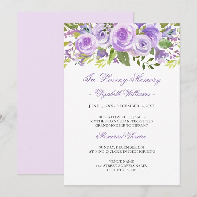 Invitación Purple Lavender Floral Rosa Memorial (Anverso / Reverso)