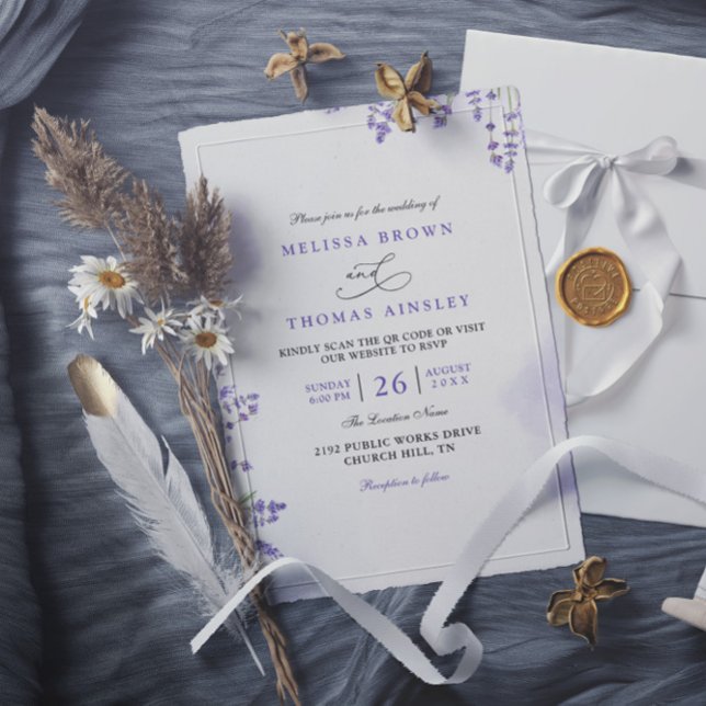 Invitación Purple Lavender Floral Rustic QR Code Wedding (Subido por el creador)
