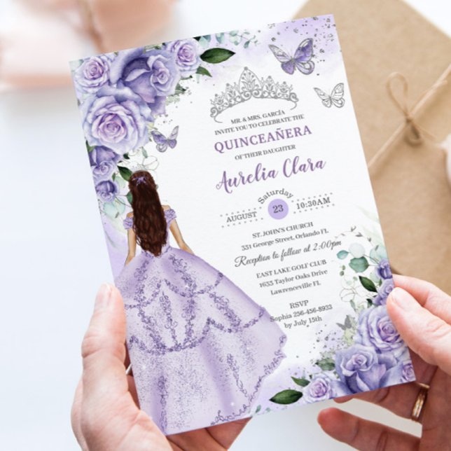 Invitación Purple Lavender Floral Silver Quinceanera Sweet 16 (Subido por el creador)