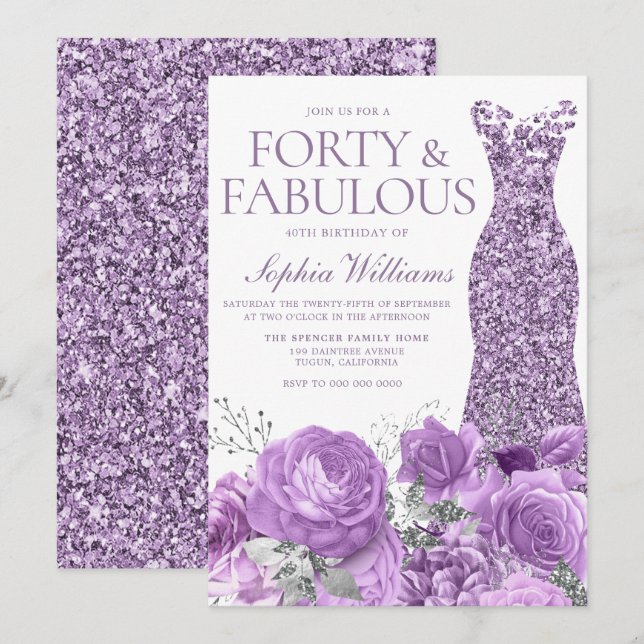 Invitación Purple Lavender Gown Floral 40 cumpleaños Fiesta (Anverso / Reverso)