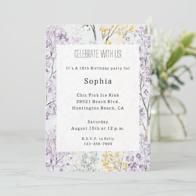 Invitación Purple Lavender Green Yellow Floral Birthday (Anverso de pie)