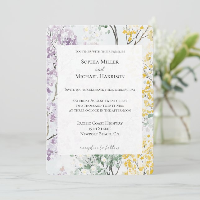 Invitación Purple Lavender Green Yellow Flower Wedding (Anverso de pie)