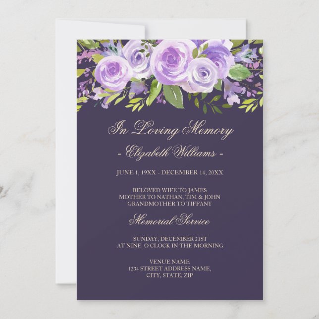 Invitación Purple Lavender Rosa Floral Memorial Service (Anverso)