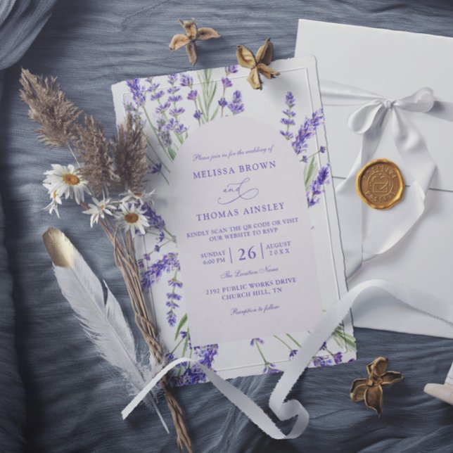 Invitación Purple Lavender Rustic Budget QR Code Wedding (Subido por el creador)