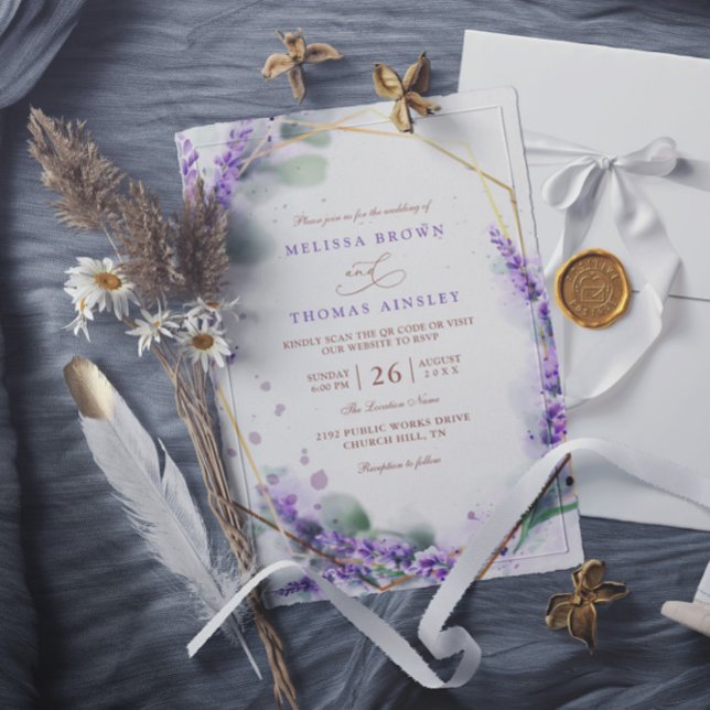 Invitación Purple Lavender Rustic Floral QR Code Wedding (Subido por el creador)