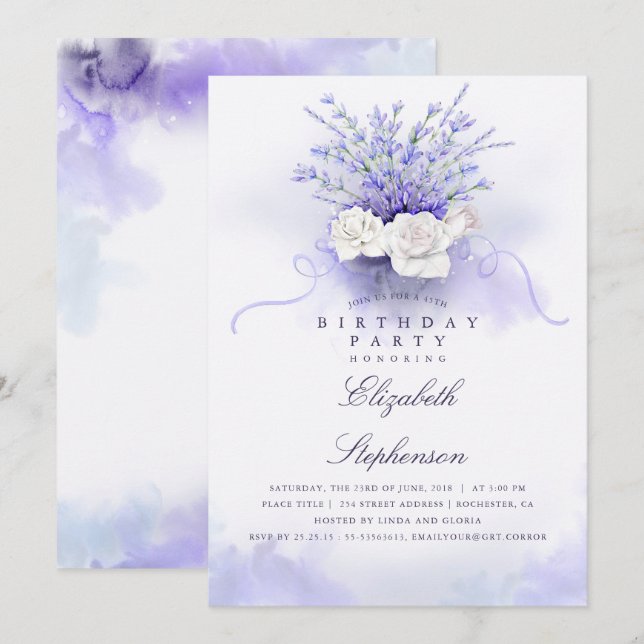 Invitación Purple Lavenders Elegante Fiesta de Cumpleaños Flo (Anverso / Reverso)