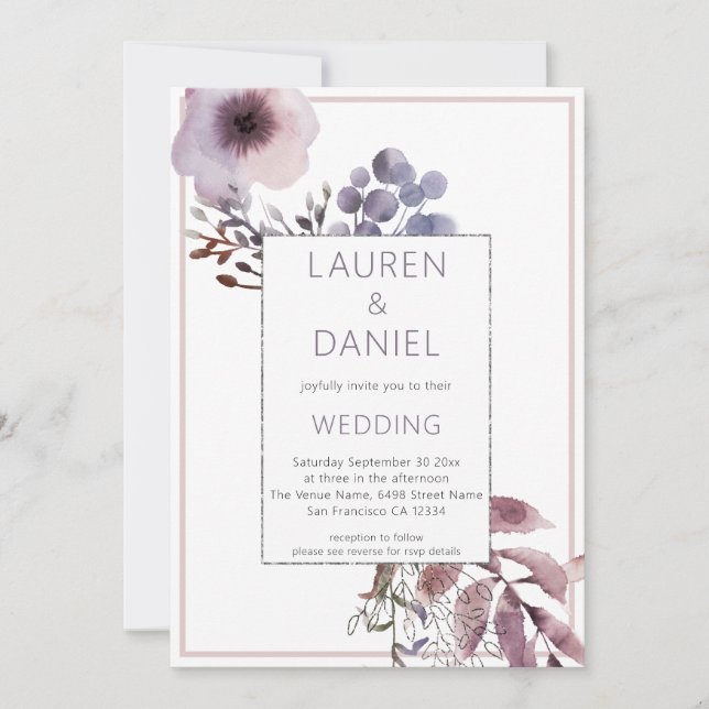 Invitación Purple Leaves Florals Boda de código QR (Anverso)