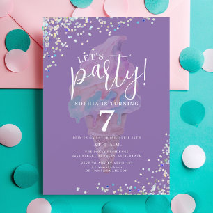 Invitación Purple Let's Fiesta Crema de Hielo Arcoiris Cumple
