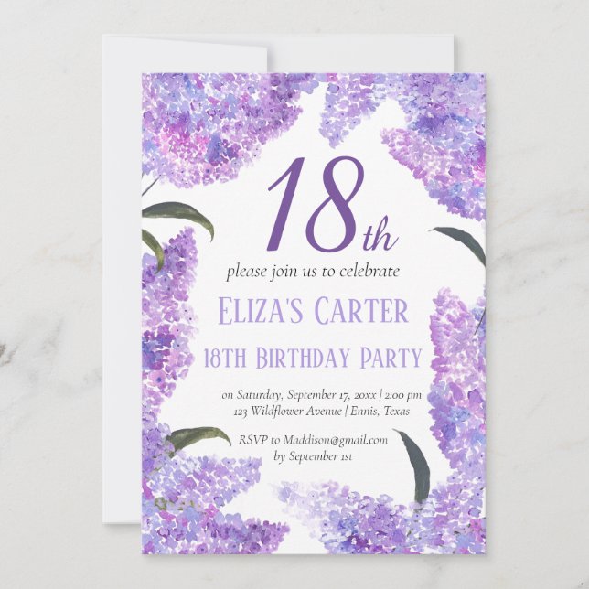 Invitación Purple Lilac 18º cumpleaños floral elegante (Anverso)