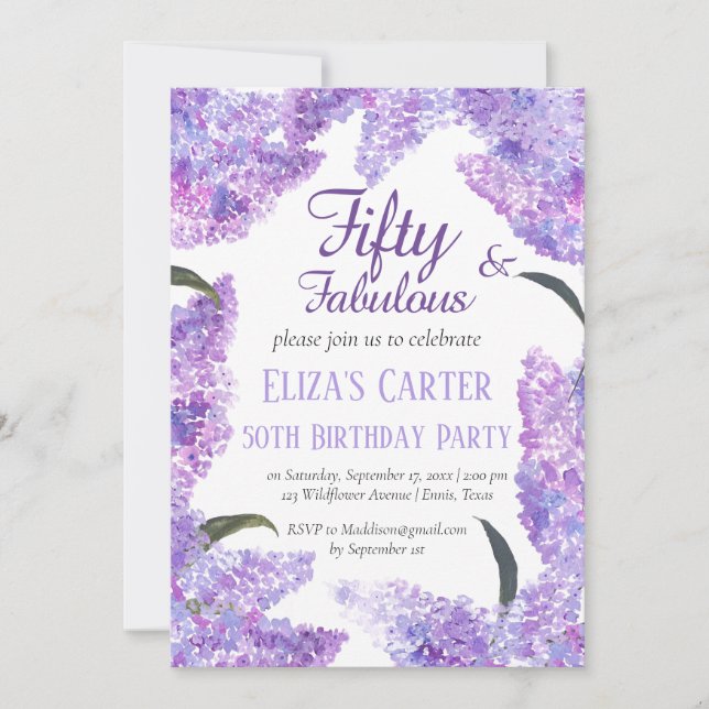 Invitación Purple Lilac 50.º Cumpleaños Botánico (Anverso)