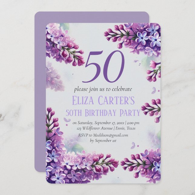 Invitación Purple Lilac 50.º cumpleaños floral elegante (Anverso / Reverso)