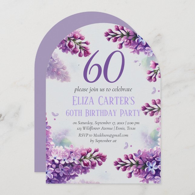 Invitación Purple Lilac 60.º cumpleaños floral elegante (Anverso / Reverso)