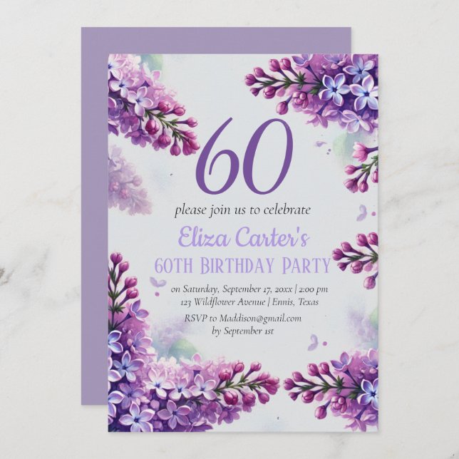 Invitación Purple Lilac 60.º cumpleaños floral elegante (Anverso / Reverso)