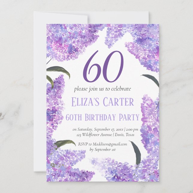 Invitación Purple Lilac 60.º cumpleaños floral elegante (Anverso)
