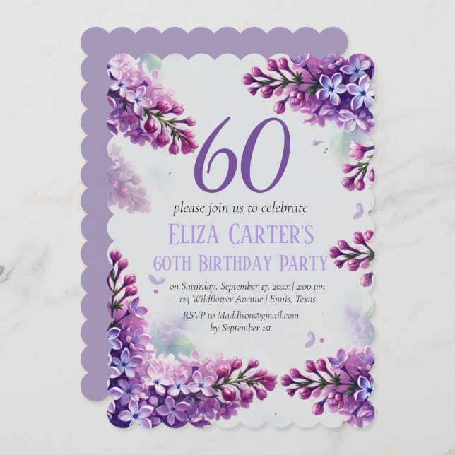 Invitación Purple Lilac 60.º cumpleaños floral elegante (Anverso / Reverso)