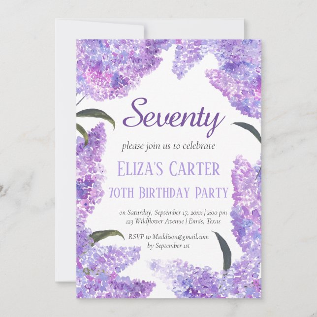 Invitación Purple Lilac 70.ª Setenta Floral Elegante Cumpleañ (Anverso)